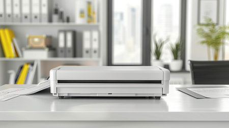 Modern office scanner on bright and spacious desk in contemporary workspace setting. concept of efficient document management, technology in office, professional environment.の写真素材