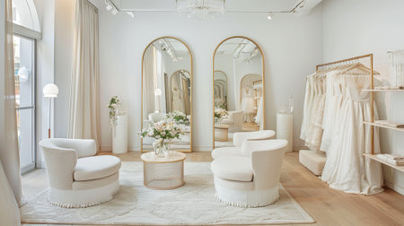 Elegant bridal salon interior featuring luxurious wedding dresses, plush seating, and stylish decor with large mirrors and soft lighting. concept of bridal fashion, elegance, sophistication.の写真素材