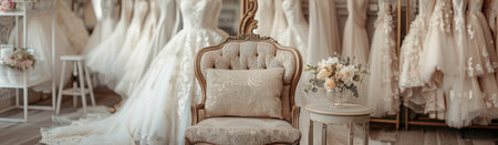 Elegant fitting area with luxurious bridal gowns and vintage chair in a chic wedding boutique. concept of bride preparation, elegant decor, luxury fashion, copy space, banner.の写真素材