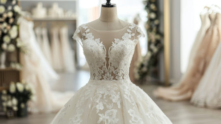 Elegant bridal boutique display featuring intricately designed wedding gown with lace and floral embroidery. concept of bridal fashion, wedding elegance, luxury bridal wear.の写真素材