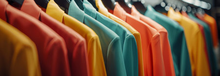 Stylish close up view of colorful clothing rack in boutique store for fashion enthusiasts and trendy wardrobe inspiration, copy space, banner.の写真素材