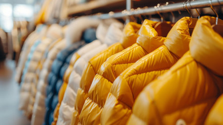Colorful boutique clothing rack featuring cozy winter jackets in stylish fashion display. concept of fashion retail, seasonal wardrobe, luxury shopping experience.の写真素材