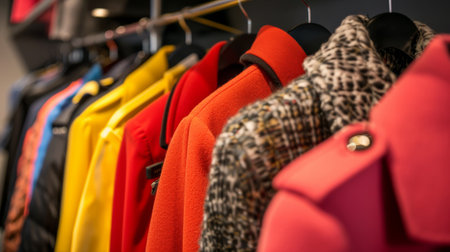 Vibrant clothing store display with colorful coats on hangers highlighting fashion and style concepts in retail shopping.の写真素材