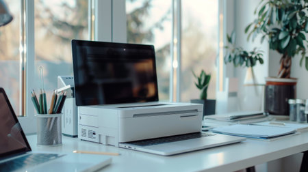 High-tech compact printer on modern white desk in office setting for creative professional work environment concept of office technology, printing, productivity.の写真素材