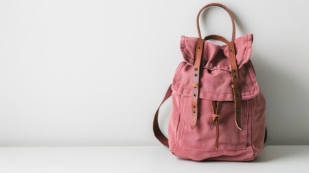 Contemporary stylish women's backpack in pink canvas with leather straps on a clean white background. concept of fashion accessory, trendy bag design, casual style, copy space.の写真素材