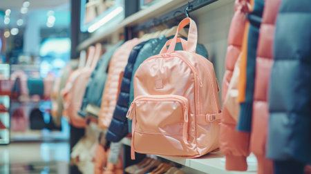 Stylish women's backpack on display in a modern retail store, highlighting fashionable accessories and trendy apparel for contemporary shoppers.の写真素材