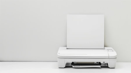 Modern compact printer with paper tray on white background in minimalistic office setting. concept of efficient office equipment, streamlined design, home workspace, copy space.の写真素材