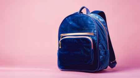 Modern stylish blue women's backpack on pink background for fashion and travel essentials. concepts...