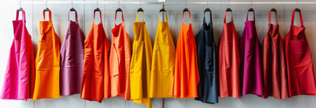 Colorful row of neatly hung aprons on hangers showcasing diverse shades for kitchen or cafe use, copy space , banner.の写真素材