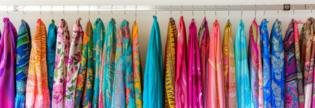 Colorful row of neatly hung scarves on hangers displaying vibrant patterns and textures in fashionable arrangement. concept of fashion accessories, textile design, wardrobe organization, copy space , banner.の写真素材