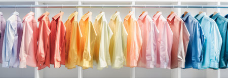 Colorful row of neatly hung shirts on hangers in a wardrobe displaying a range of bright hues. concept of fashion organization, clothing arrangement, wardrobe style, copy space , banner.の写真素材
