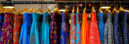Colorful row of fashionable skirts hung on wooden hangers in a boutique display. concept of clothing variety, fashion choices, retail shopping experience, copy space , banner.の写真素材