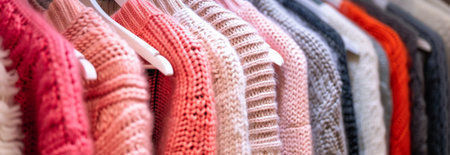 Colorful row of neatly hung sweaters and hoodies in a fashion store display. concept of warm knitwear, clothing organization, casual wardrobe, copy space , banner.の写真素材