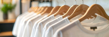 Row of neatly hung t-shirts on wooden hangers in bright retail setting. concept of clothing organization, fashion display, garment arrangement, copy space , banner.の写真素材