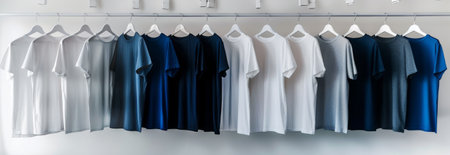 Neatly hung row of t-shirts on hangers in various shades of blue, gray, and white. concept of clothing organization, fashion display, wardrobe arrangement, copy space , banner.の写真素材