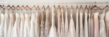 Elegant wedding dresses neatly hung on wooden hangers in chic bridal boutique display. concept of wedding fashion, bridal gowns, dress shopping experience, copy space , banner.の写真素材