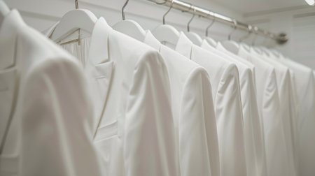 White men's suits neatly hung in a row on hangers in a wardrobe. concept of fashion, formal wear, elegance.の写真素材
