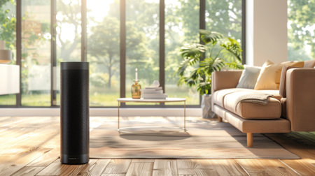 Sleek black air purifier on wooden floor in sunny living room with cozy sofa and large windows overlooking greenery, copy space.の写真素材