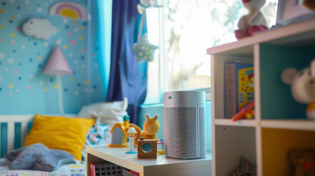 Small air purifier on a shelf in child's playful bedroom with toys and colorful decor. concept of clean air, kids room, home comfort.の写真素材