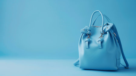 Trendy fashion women's backpack on a soft blue background showcasing stylish accessory. concept of fashion statement, modern design, chic bag for everyday use, copy space.の写真素材