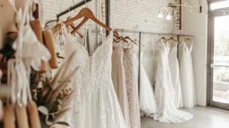 Elegant wedding dress display in modern bridal boutique featuring lace details and chic interior design. concept of bridal fashion, wedding preparation, modern elegance.の写真素材