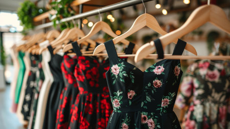 Elegant dresses hanging in a row on wooden hangers in a boutique fashion store. concept of shopping, style, wardrobe update.の写真素材