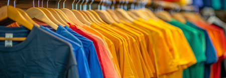 Colorful row of t-shirts hanging on wooden hangers in a store display. concept of fashion retail, clothing organization, casual style, banner.の写真素材
