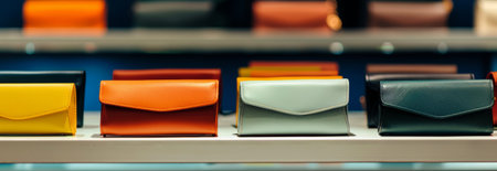 Colorful women's leather clutches displayed in a row on a shelf in a stylish fashion boutique. concept of fashion accessories, stylish clutches, women's handbags., banner.の写真素材