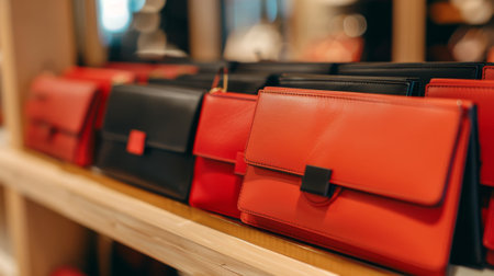 Modern fashionable women's clutches lined up on display in a stylish boutique setting. concept of chic accessories, luxury fashion, elegant handbags.の写真素材