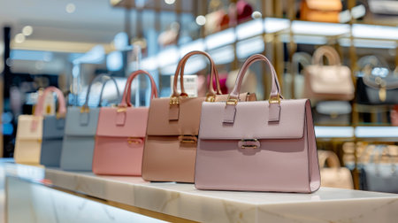 Modern trendy women's handbags lined up on display shelf in luxury fashion store. concept of fashion accessories, style, luxury goods.の写真素材