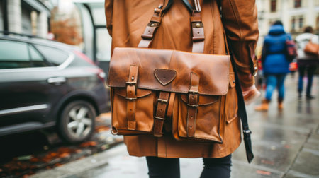 Stylish leather backpack on city street showcasing minimalist fashion and urban chic design...