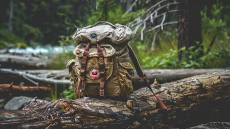 Stylish minimalist backpack on forest log with lush greenery in background. concept of outdoor exploration, adventure gear, nature hiking equipment.の写真素材
