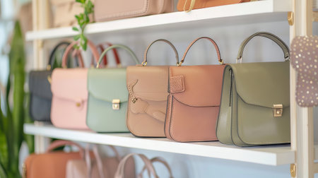 Stylish women's handbags arranged in a row displayed on shelves in fashion boutique. concept of fashion accessories, women's style, boutique shopping.の写真素材