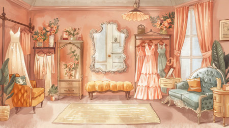 Watercolor illustration of a charming bridal salon interior with elegant dresses and floral decor for wedding inspiration and fashion elegance.の写真素材
