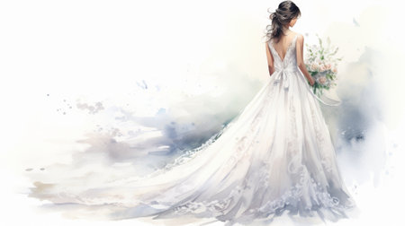 Watercolor illustration of a delicate bride holding bouquet on white background. concept of wedding elegance, romantic bridal portrait, special ceremony, copy space.の写真素材
