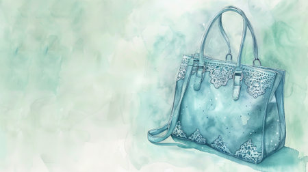 Watercolor illustration of a fashionable turquoise handbag with lace details on a soft pastel background. concept of elegance, fashion accessory, stylish design, copy space.の写真素材