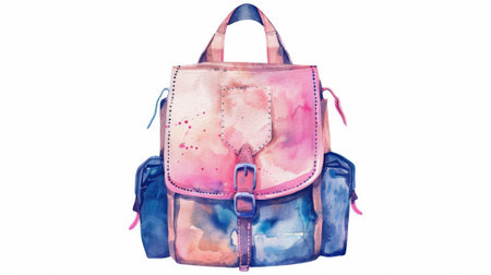 Watercolor illustration of stylish fashionable backpack with pink and blue tones for modern travel and adventure concept.の写真素材