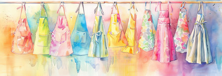 Vibrant watercolor illustration of colorful aprons hanging in a row on a wooden rack. concept of creative kitchen decor, home style, domestic art banner.の写真素材
