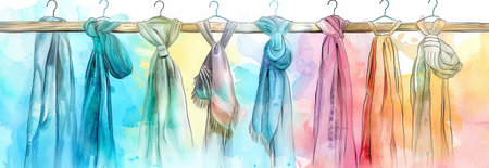 Watercolor illustration of colorful scarves hanging on a wooden rack in a row. concept of fashion accessories, textile variety, artistic home decor. banner.の写真素材