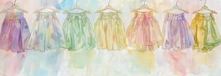 Watercolor illustration of colorful shorts hanging on wooden hangers with pastel abstract background. concept of fashion, summer clothing, artistic decor. banner.の写真素材