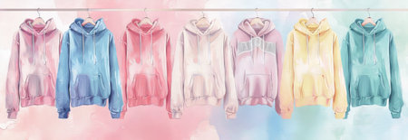 Watercolor illustration of a row of colorful hoodies and sweaters on hangers, showcasing trendy fashion and vibrant pastel colors. concept of stylish clothing, fashion design, wardrobe inspiration. banner.の写真素材
