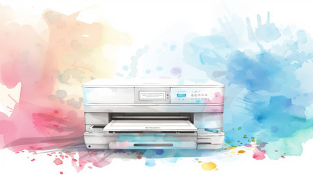 Watercolor illustration of a stylish contemporary printer with colorful abstract background. concept...