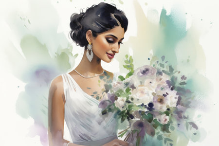 Watercolor illustration of an indian bride holding a floral bouquet in elegant wedding attire. concept of bridal beauty, cultural celebration, romantic wedding scene.の写真素材