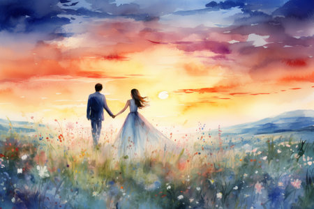 Watercolor scene of bride and groom holding hands at sunset in flower field. concept of romantic wedding, love, newlyweds, outdoor celebration.の写真素材