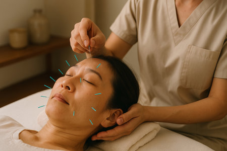 Acupuncture session with asian woman receiving treatment on forehead and face. concept of traditional healing, relaxation therapy, wellness practice.の写真素材