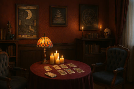 Tarot card reading room with mystical decor featuring candles, cards, and occult posters in a dimly lit vintage interior setting.の写真素材