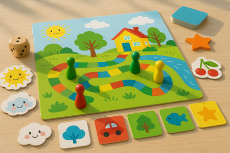 Children s daytime board game with colorful pieces and dice on wooden table. concept of family fun, creative play, simple strategy game for kids.の写真素材