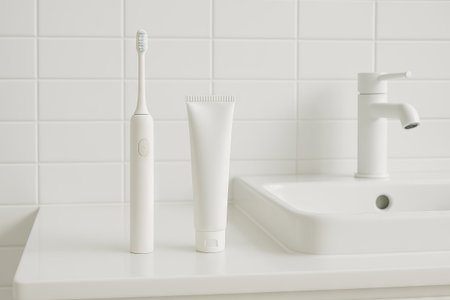 Simple electric toothbrush and toothpaste in modern bathroom for daily oral hygiene. concept of...