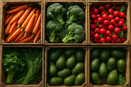 Top view of fresh vegetable market display including carrots, broccoli, radishes, herbs, and...