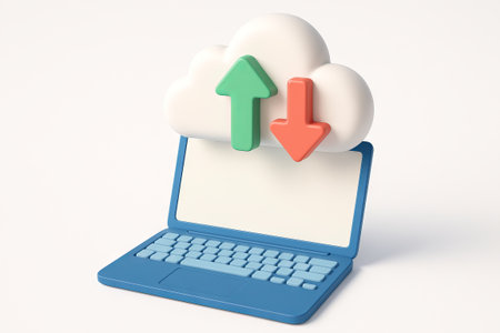 illustration of cloud storage concept with laptop and arrows emphasizing data transfer and technology connectivity, white background.の写真素材